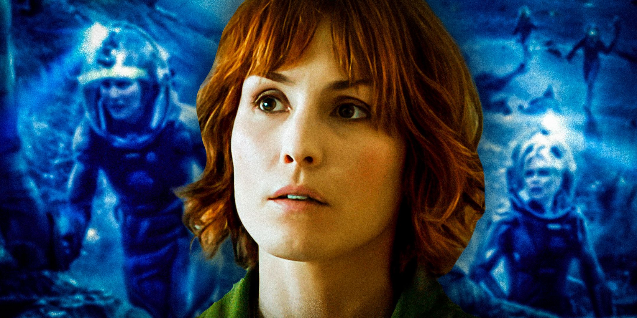 Noomi Rapace as Elizabeth Shaw in Prometheus alongside the Prometheus movie poster