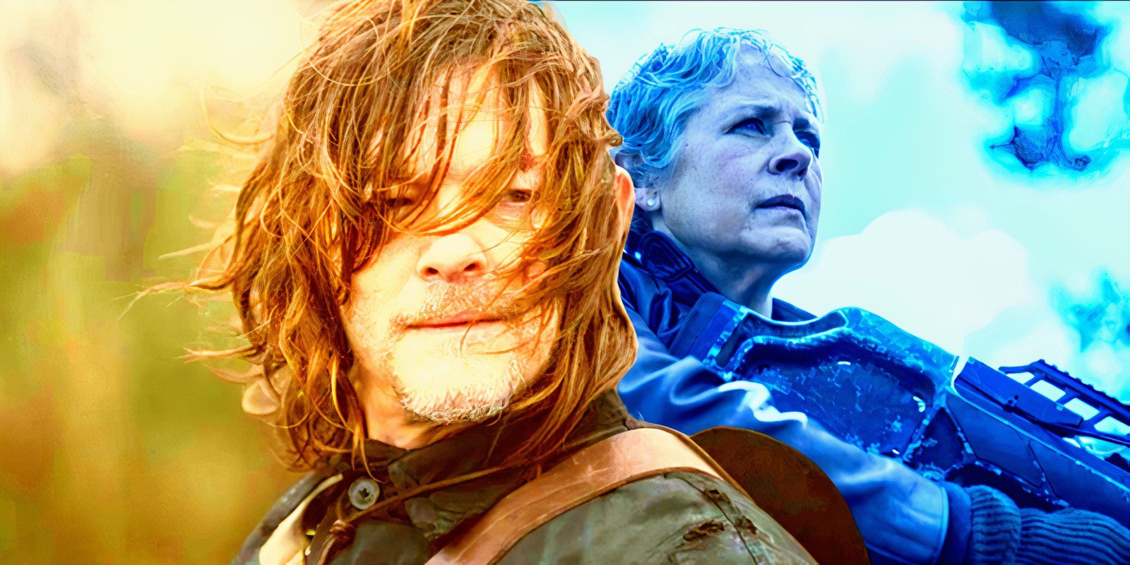 Norman Reedus as Daryl Dixon juxtaposed with Melissa McBride as Carol in The Walking Dead Daryl Dixon