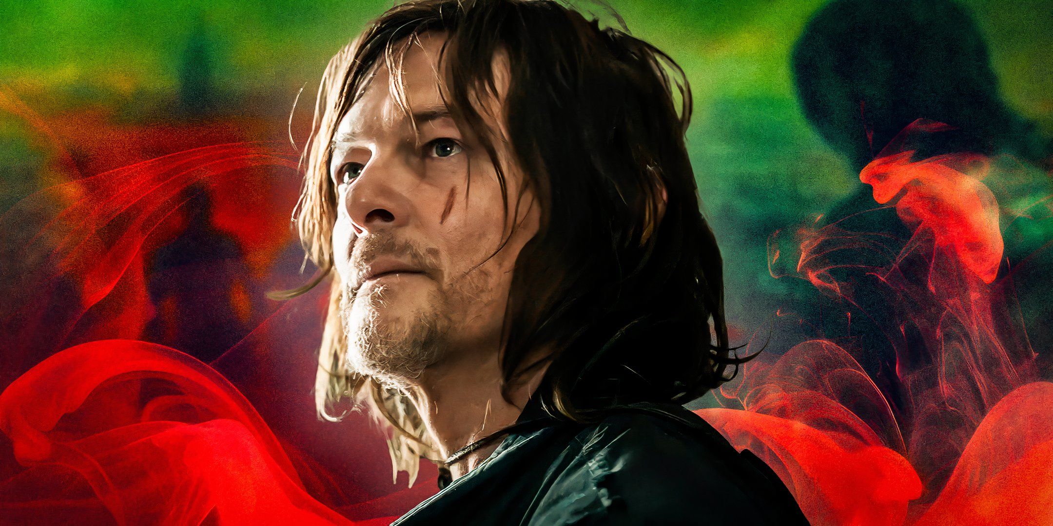 Norman Reedus as Daryl Dixon with a cut on his face in front of a red and green background in The Walking Dead Daryl Dixon