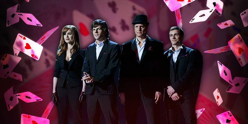 The Now You See Me cast in front of falling cards in the background