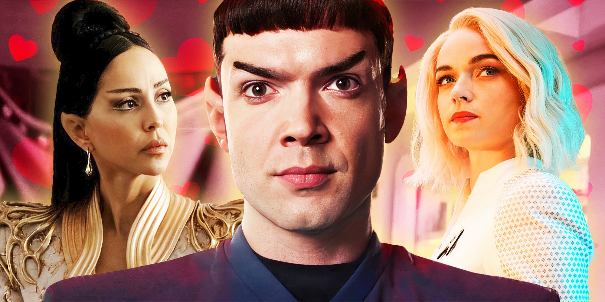 Nurse Chapel (Jess Bush), Spock (Ethan Peck) y T'Pring (Gia Sandhu) de Star Trek - Brave New Worlds