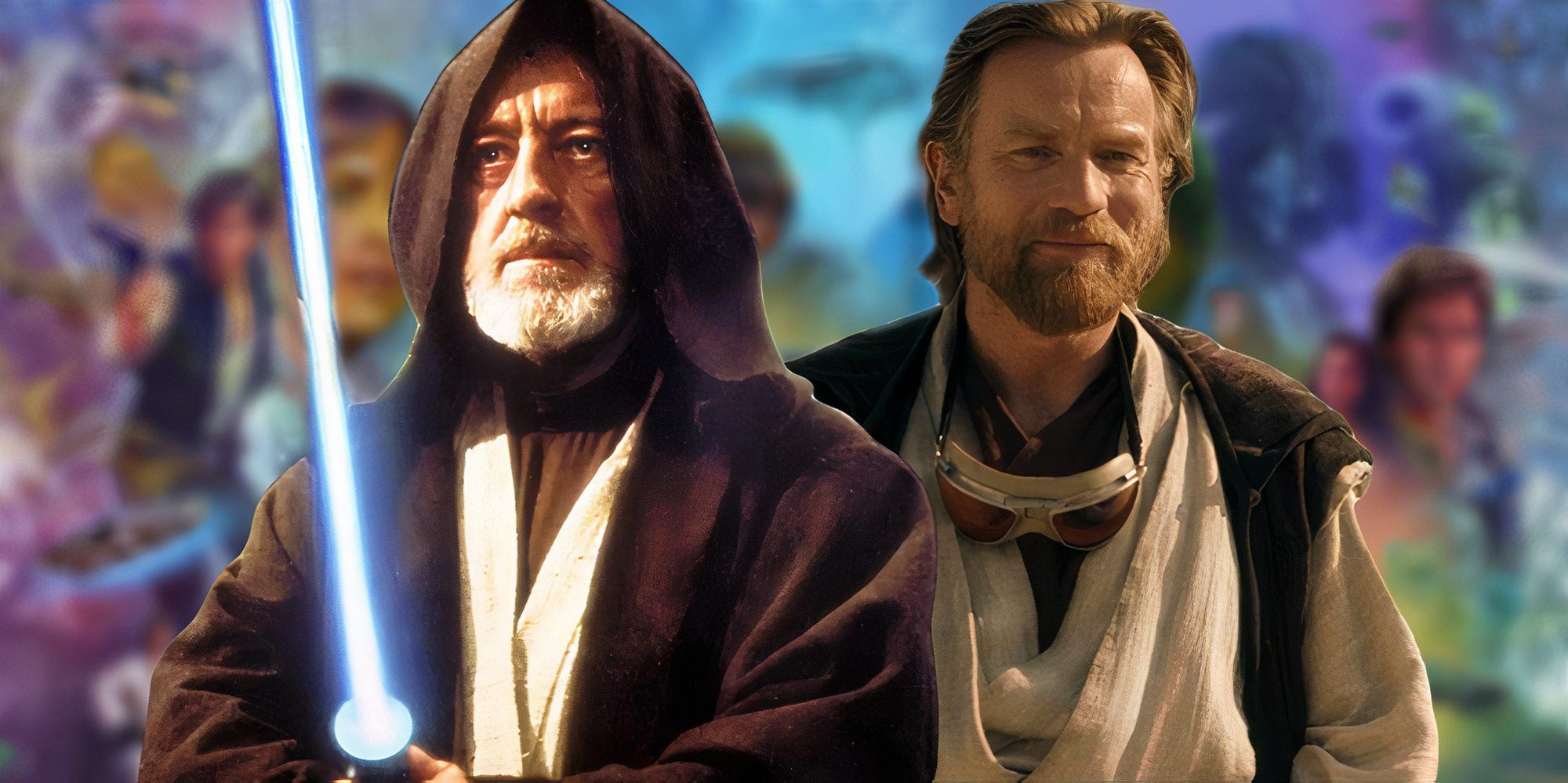 Alec Guinness and Ewan McGregor as Obi-Wan Kenobi atop a blurred image of the Skywalker Saga