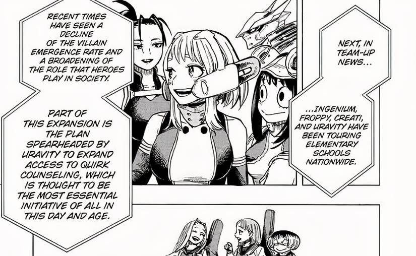 Ochako wearing Deku's mask in My Hero Academia's finale while giving a speech