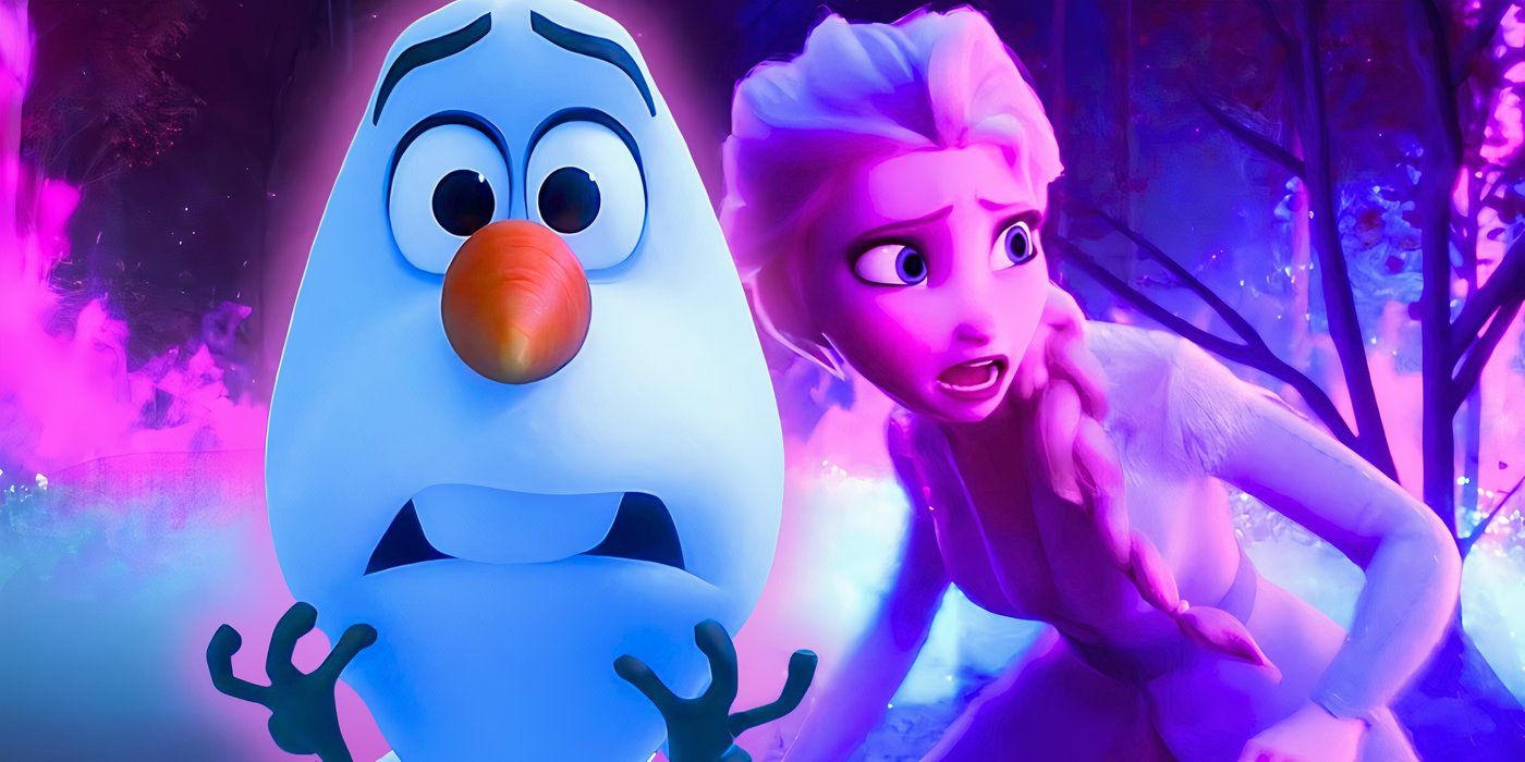 Collage of Olaf and Elsa in Frozen 2 looking worried