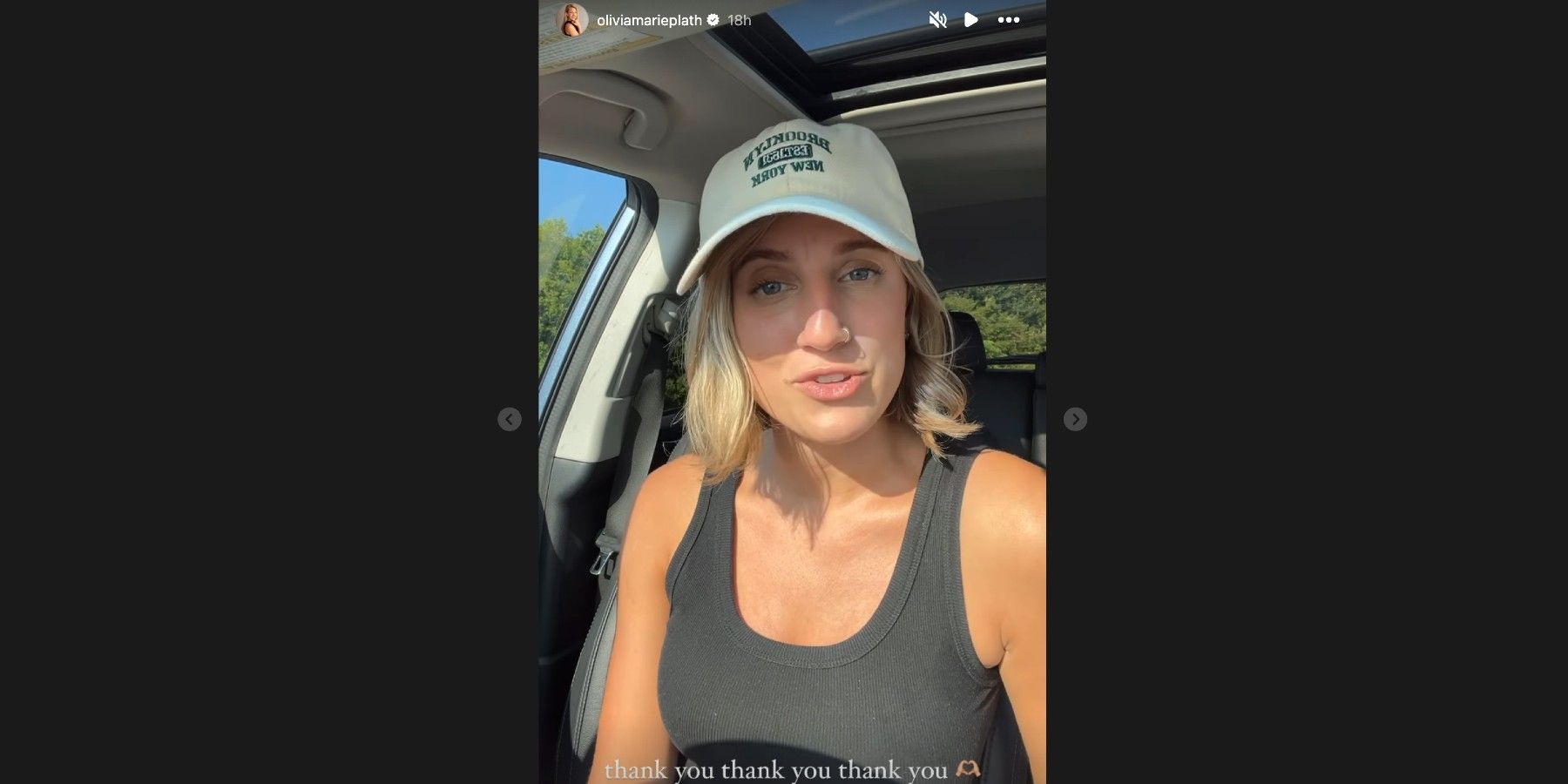 Olivia Plath's Instagram Story from August 6 2024 featuring her in a car with a hat on