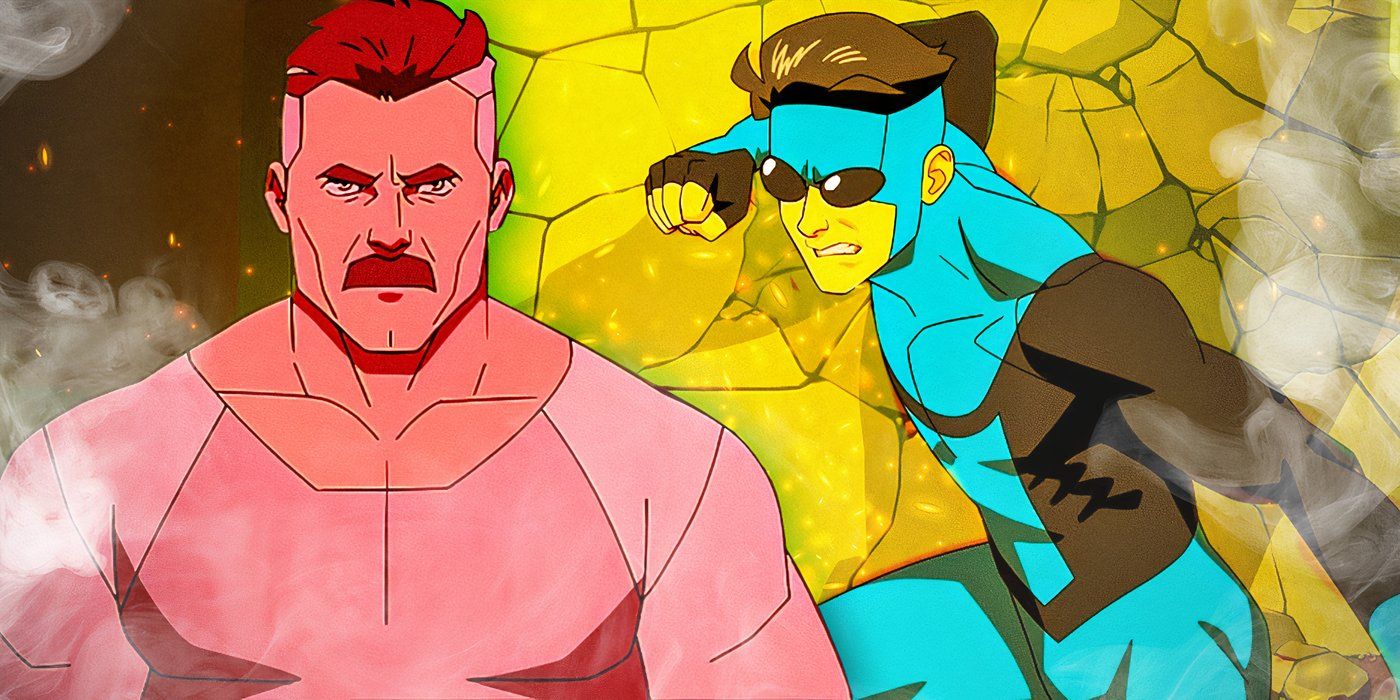 Omni-Man looking angry and Mark Grayson in his blue suit up against a wall in Invincible
