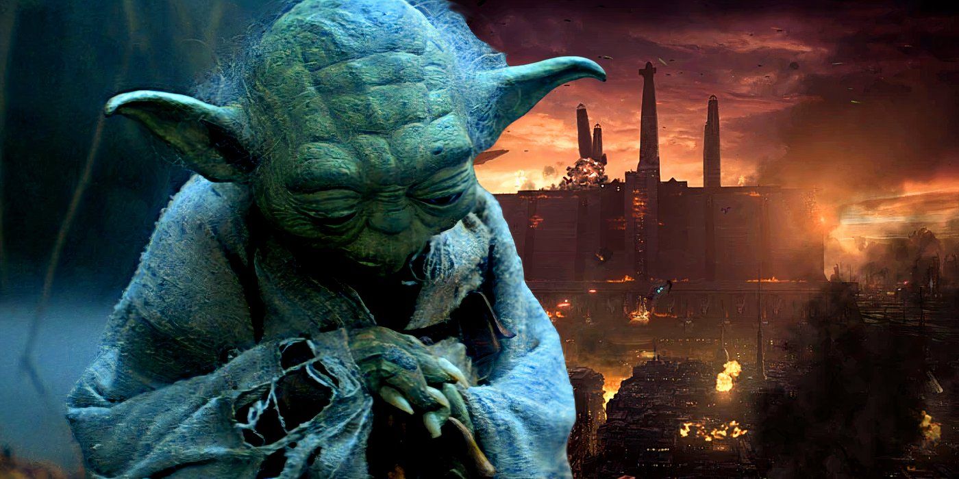 Yoda looking disappointed in The Empire Strikes Back with the Jedi Temple under seige in Star Wars: The Old Republic in the background.