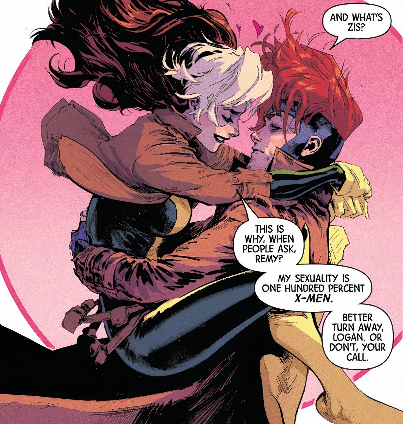 Painel de quadrinhos de Uncanny X-Men #1: Rogue abraça Gambit