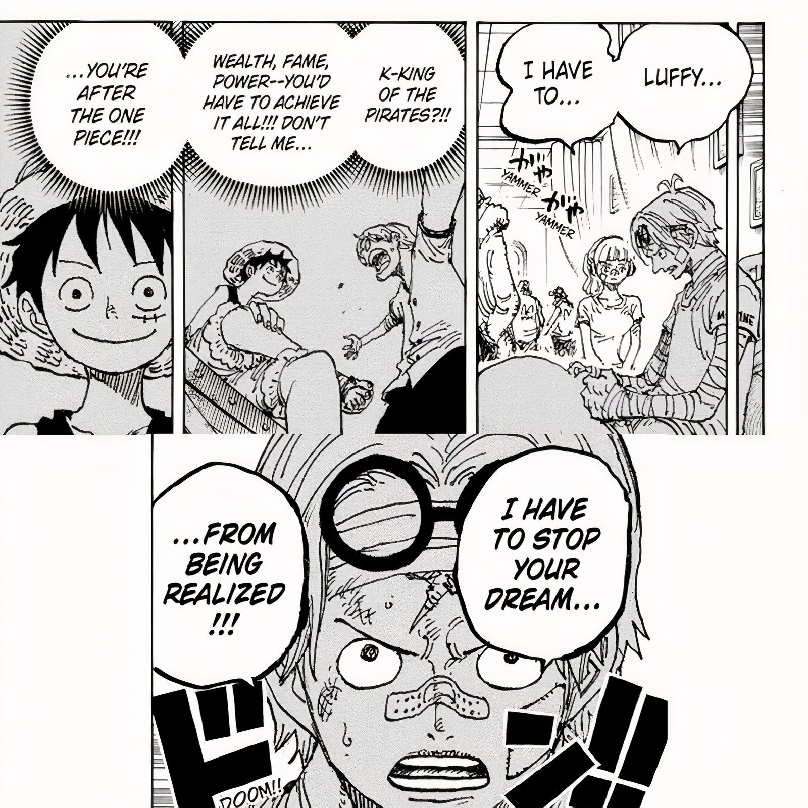 Os painéis do mangá do capítulo 1122 de One Piece mostram Koby relembrando o encontro com Luffy antes de declarar que ele precisa impedir Luffy de realizar seu sonho de ser o Rei dos Piratas.