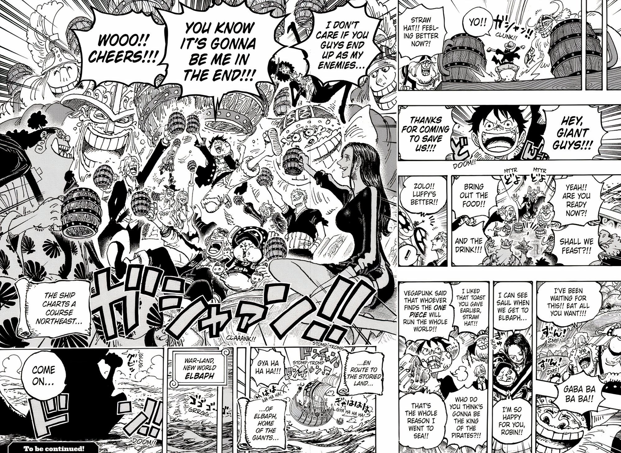 One Piece manga Chapter 1124 shows Luffy and many members of the Straw Hat crew Partying and Feasting with Giants even with Luffy saying that they may Betrayal him while a silhouette figure waits for them on Elbaf.