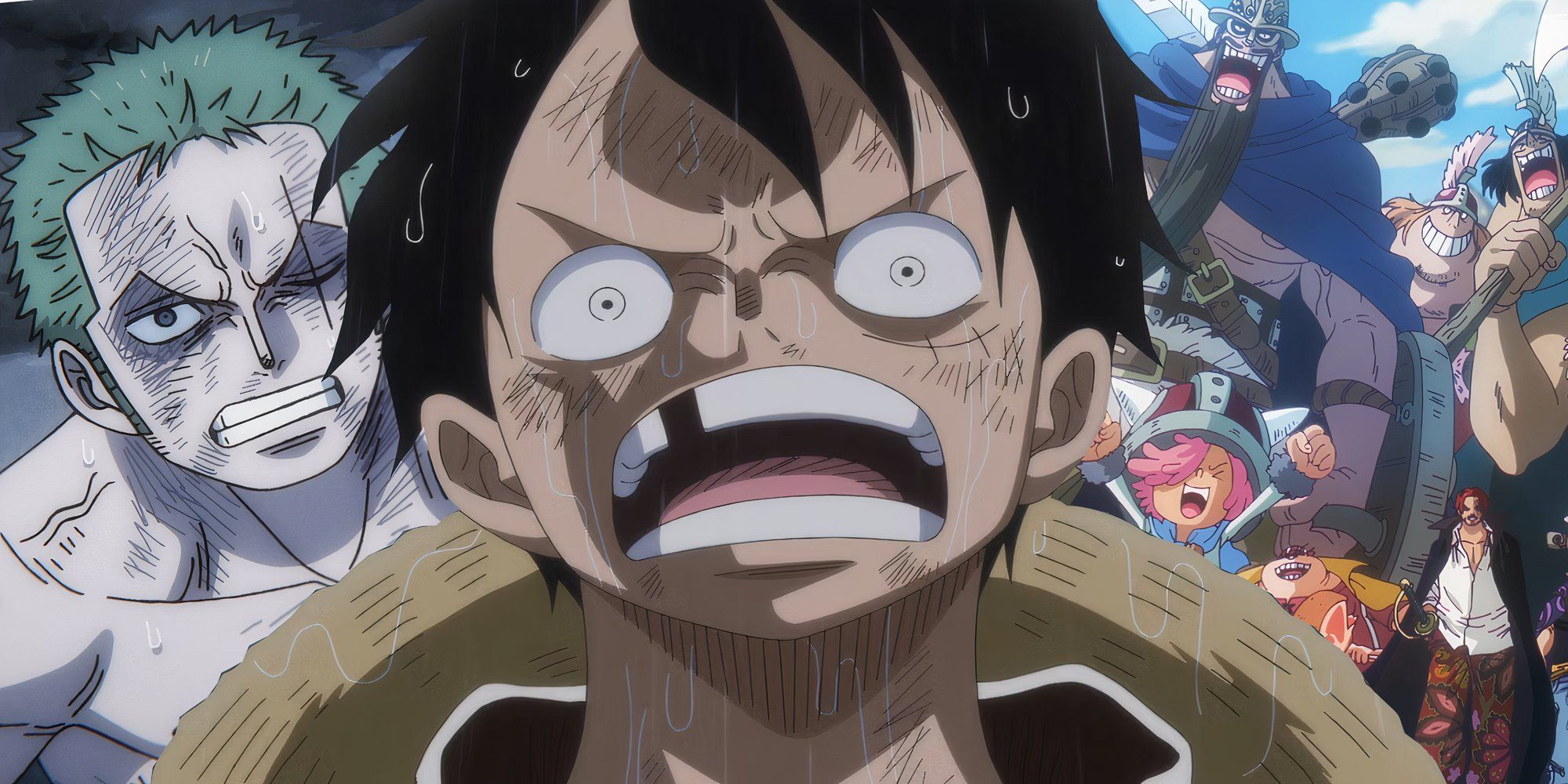 One Piece screenshots from the anime cut together showing Luffy Shocked while an injured Zoro and Giants with Shanks are in the background.