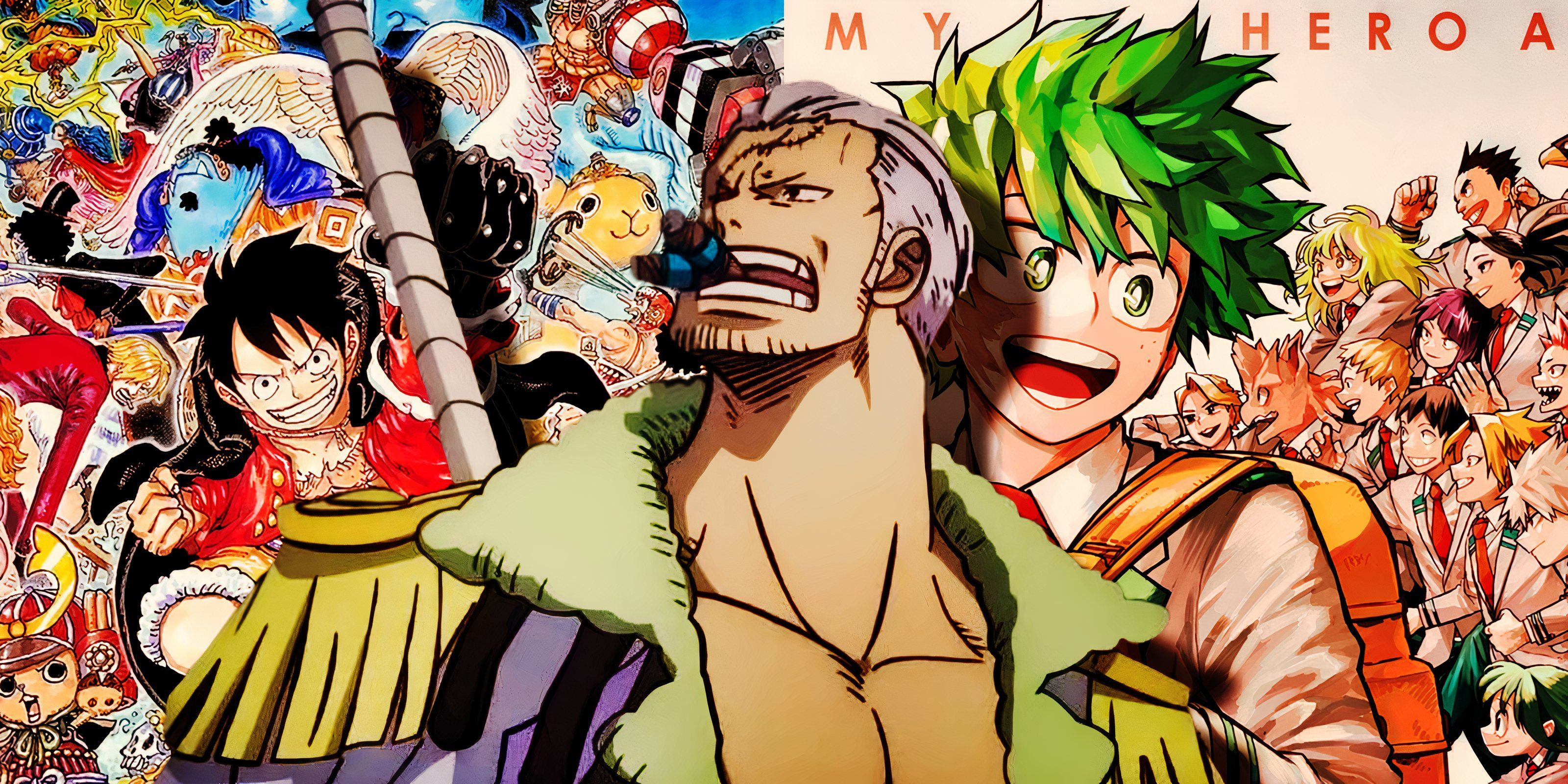 Cabeçalho do recurso mostrando Smoker contrastando com os elencos de One Piece e My Hero Academia