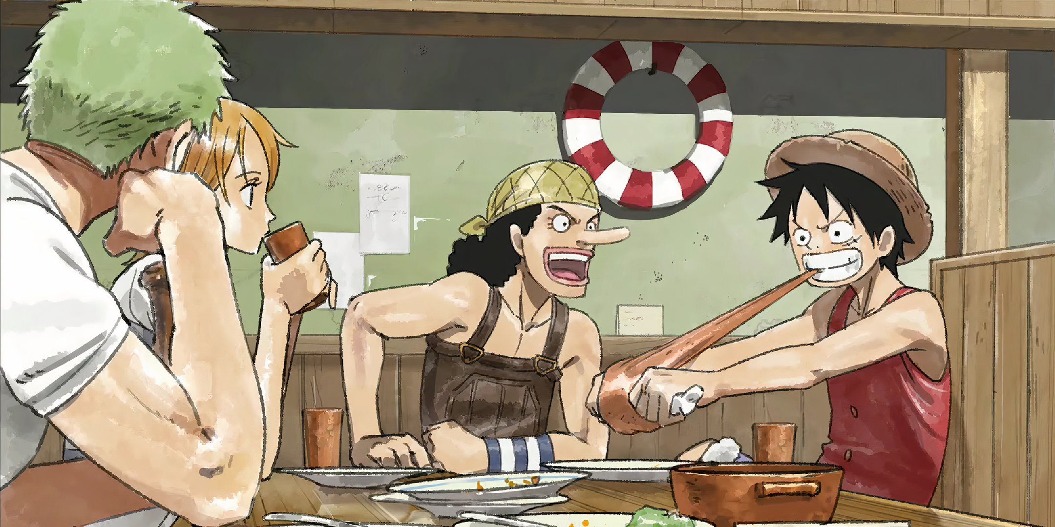 one piece remake concept art of luffy and the straw hats eating