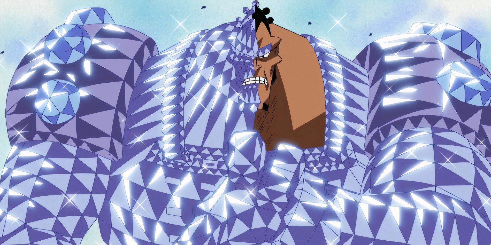 Captura de tela do anime One Piece mostra o usuário da Twinkle Devil Fruit, Diamond Jozu, usando seu poder para cobrir a maior parte de seu corpo com diamantes inquebráveis.