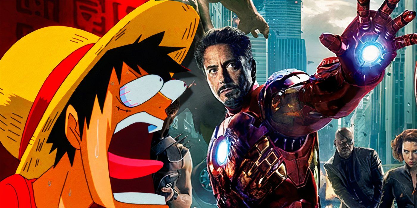 One Pieces Luffy looking Shocked with his eyes shooting out at Marvels The Avengers including Robert Downey Jr. Iron Man