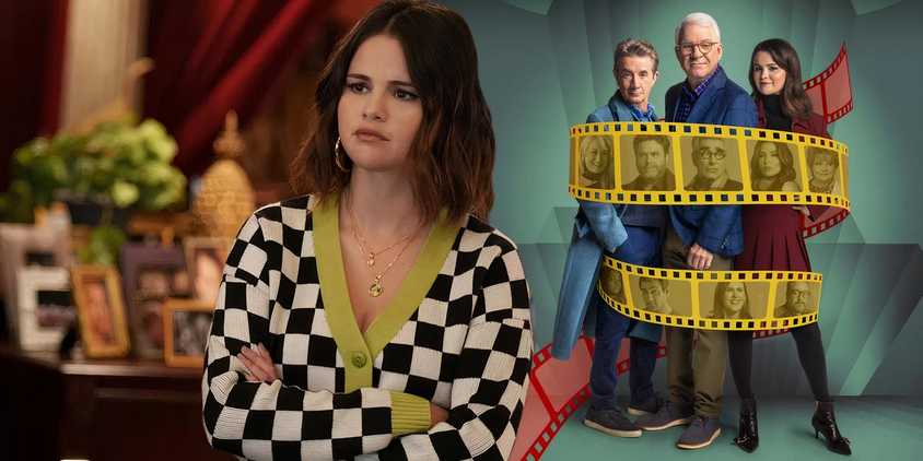 A composite image of Mabel crossing her arms in front of Charles, Oliver, and Mabel standing with film wrapped around them in Only Murders in the Building