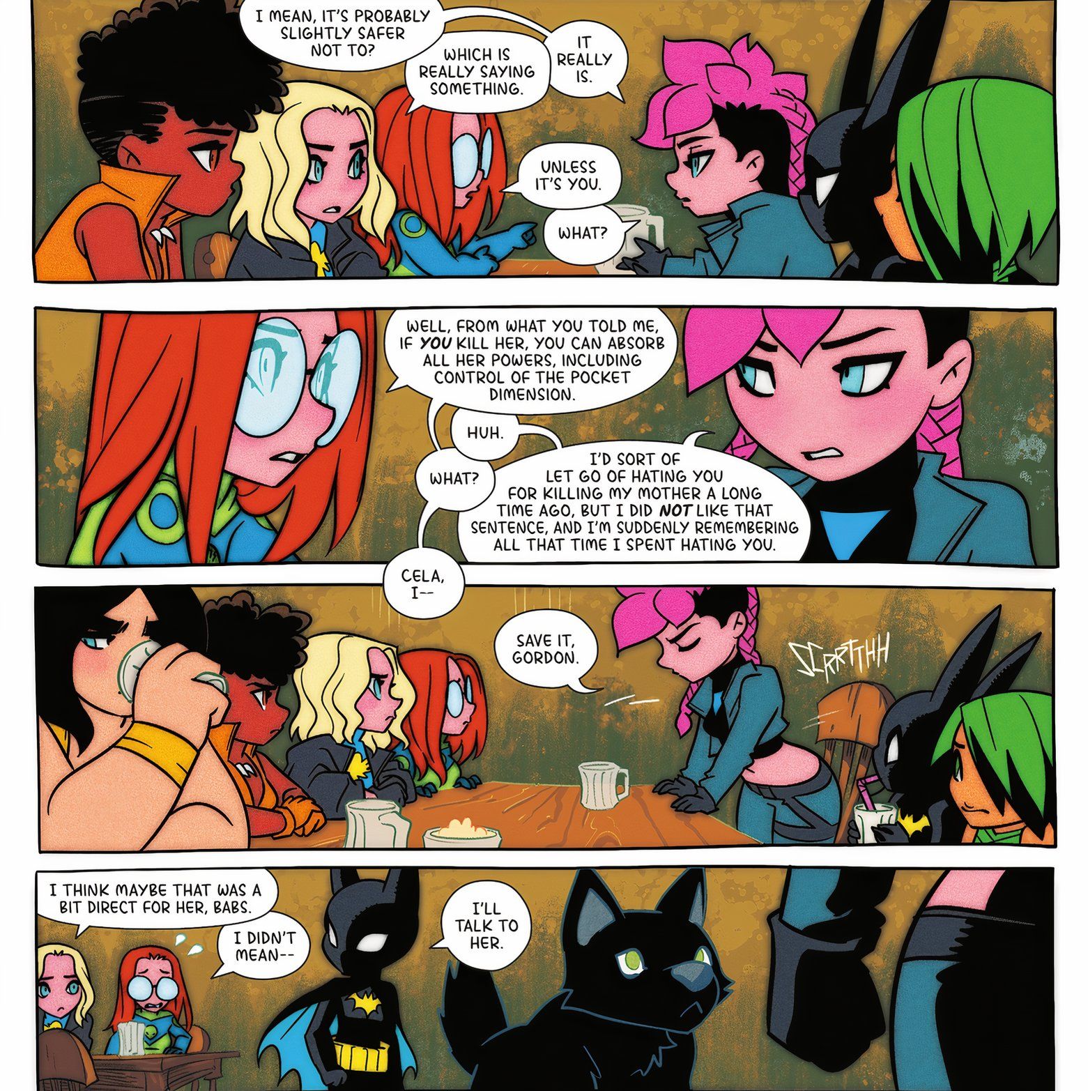 Chibi Oracle, Cela e as Birds of Prey sentam-se ao redor de uma mesa. Cela sai e Cassandra Cain segue. 