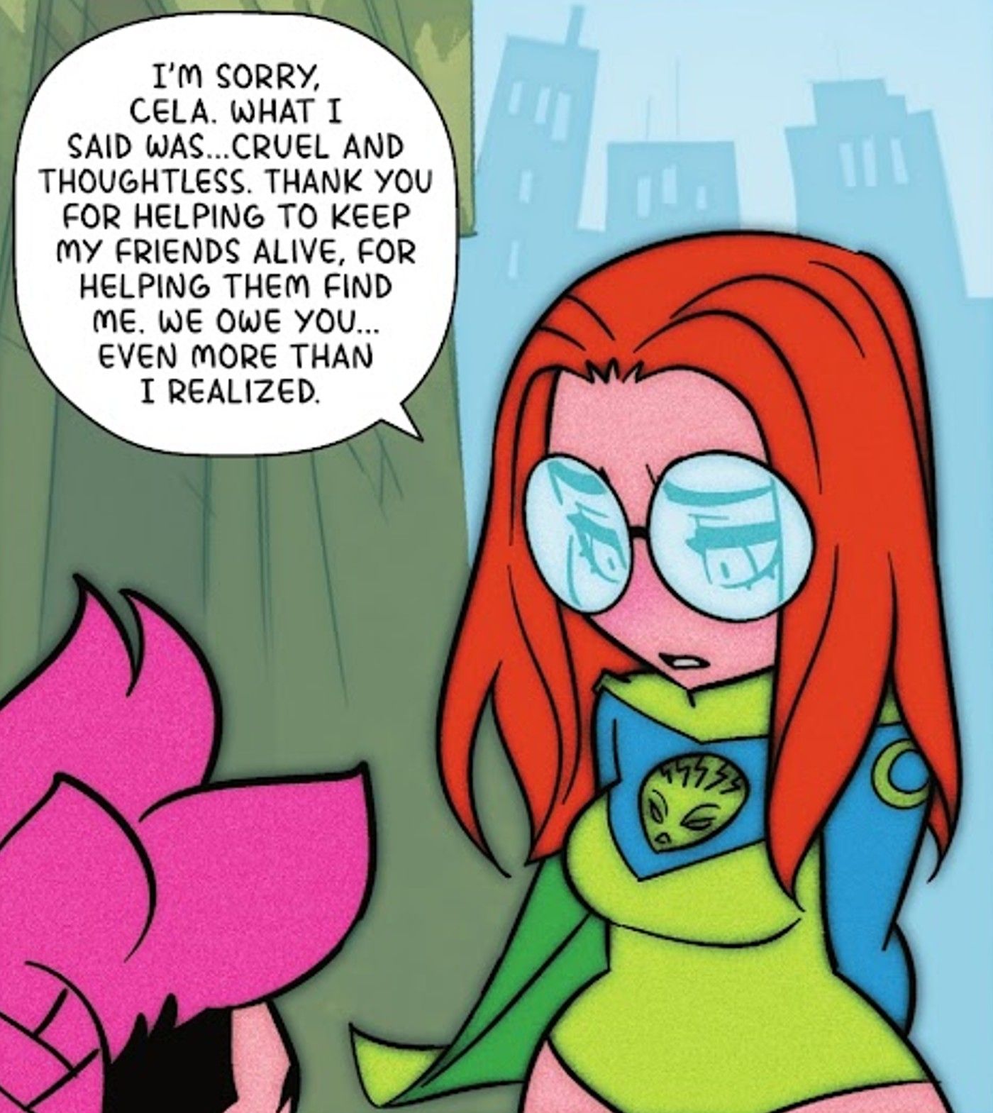 Comic Panels: Oracles appears in a cartoonish superhero costume with a green cape.