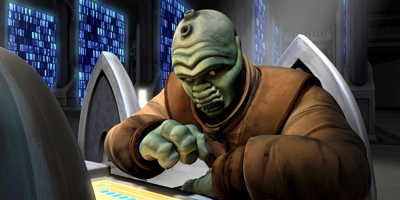 Cato Parasitti disguised as Jedi Master Ord Enisence at the Jedi Temple library in Star Wars: The Clone Wars season 2, episode 1 "Holocron Heist."