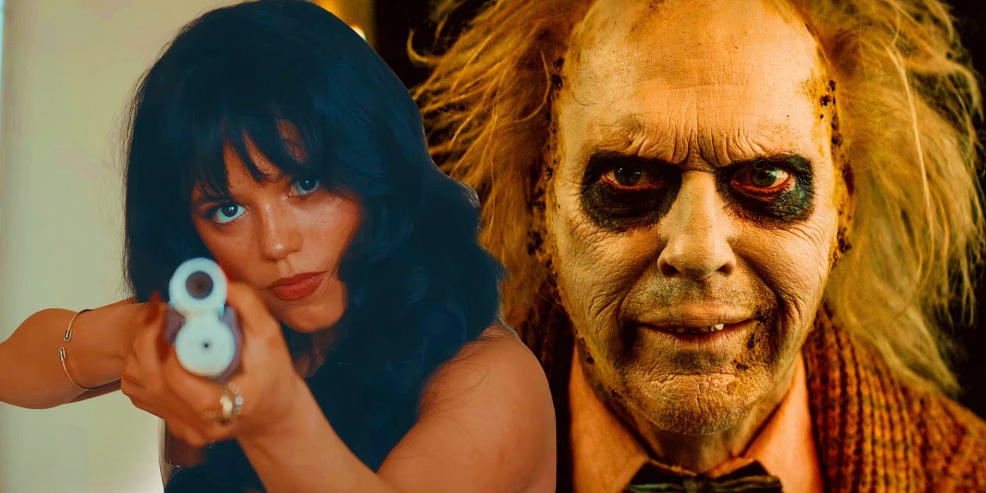 Jenna Ortega aiming a shotgun in Sabrina Carpenter&rsquo;s Taste next to Michael Keaton as Betelgeuse in Beetlejuice Beetlejuice