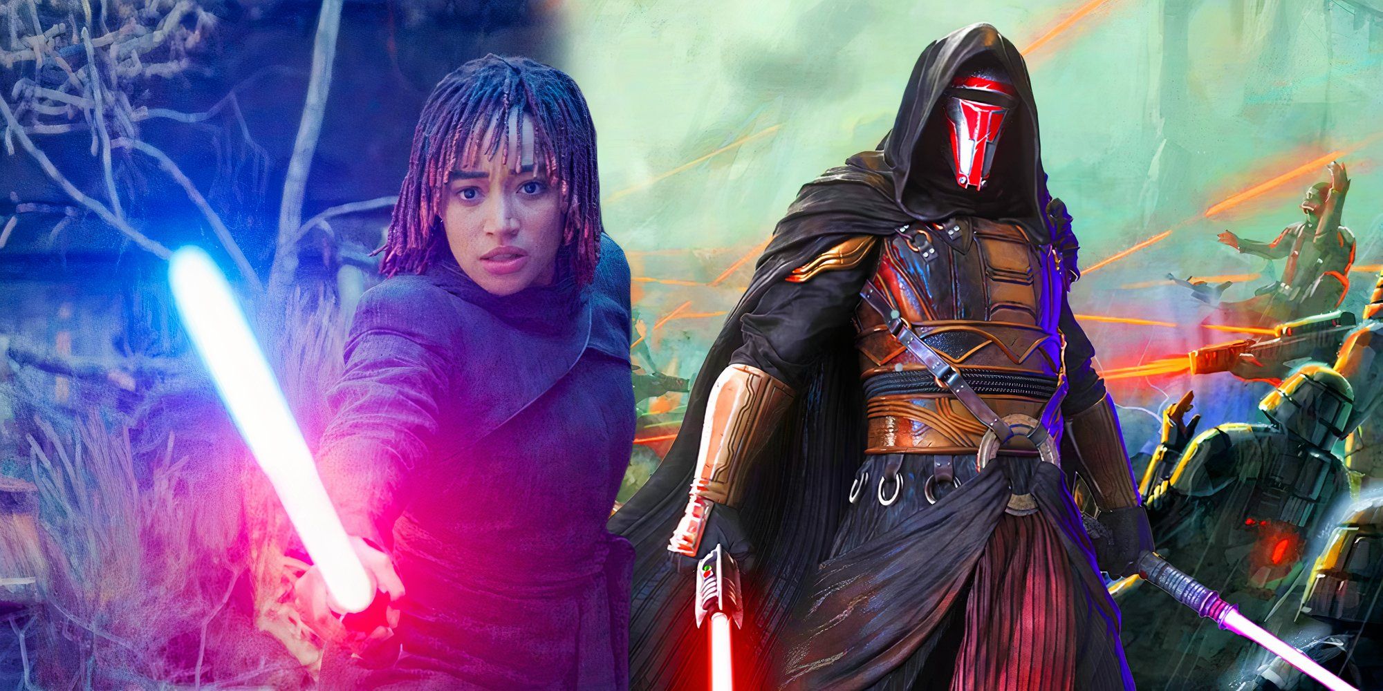 Osha Aniseya (Amandla Stenberg) holding Sol's lightsaber as it bleeds from blue to red in The Acolyte next to Darth Revan in Star Wars: Knights of the Old Republic