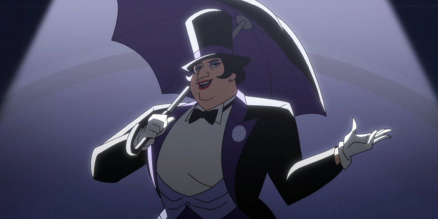 Oswalda Cobblepot singing in the spotlight in Batman Caped Crusader