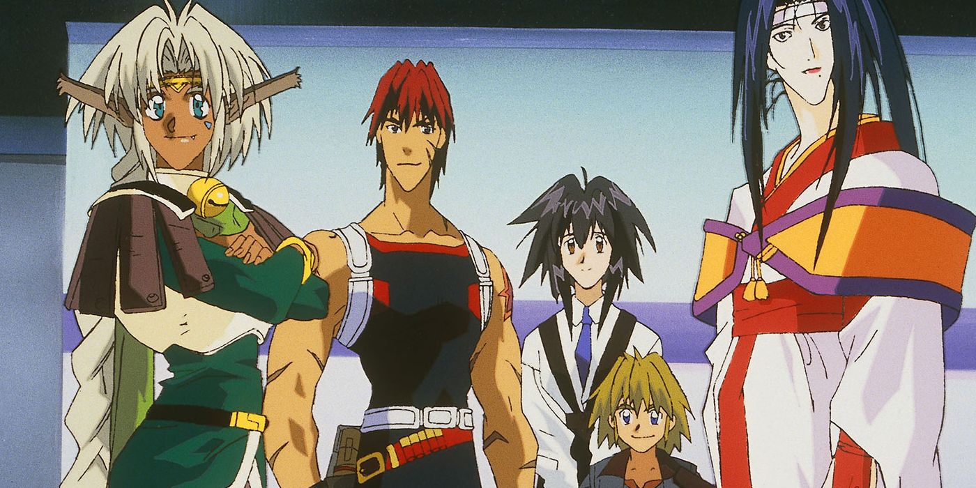 O elenco principal de Outlaw Star, incluindo Gene, Jim e Melfia, todos próximos um do outro e sorrindo.