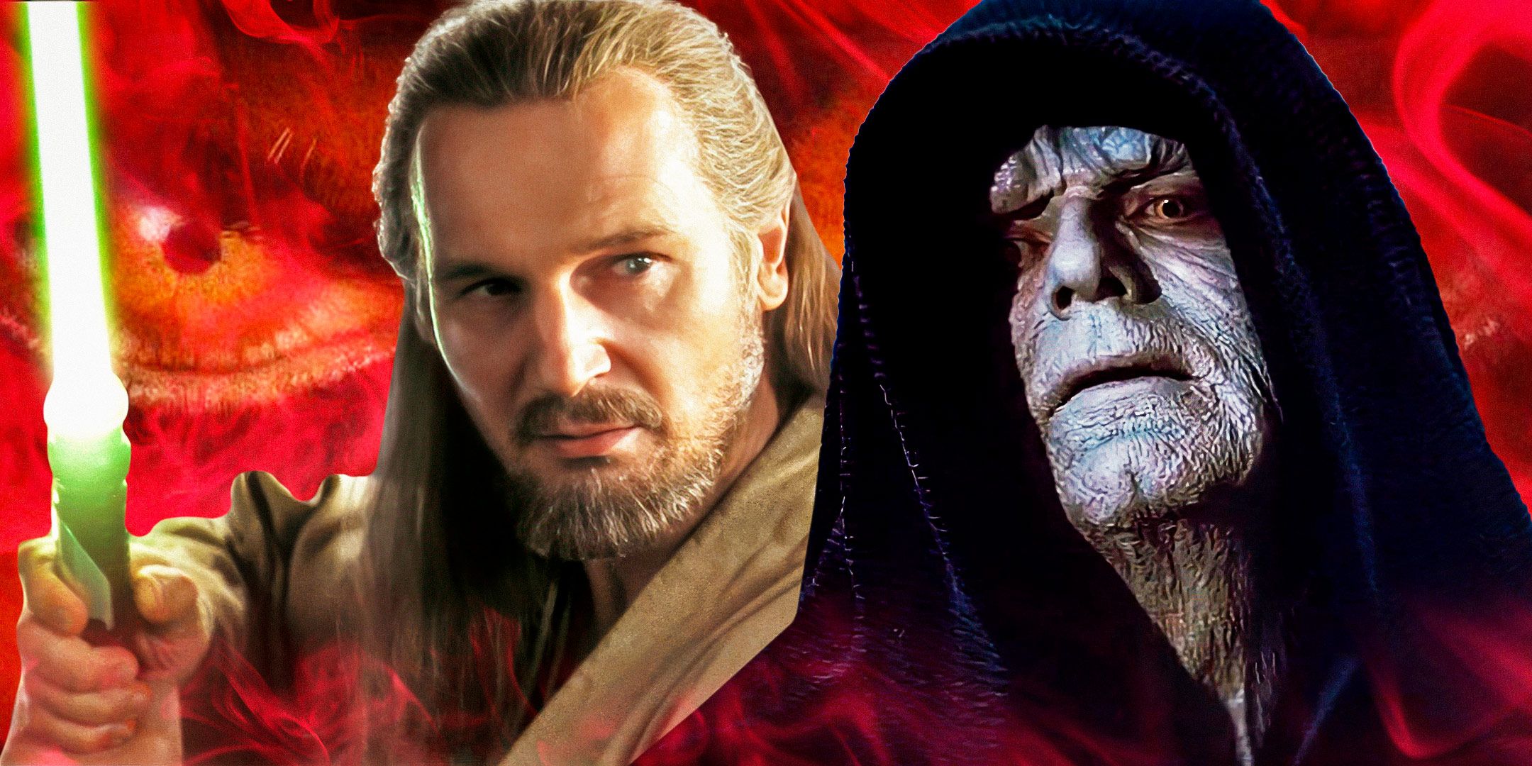 Qui-Gon Jinn holding his green lightsaber to the left and Emperor Palpatine looking scary to the right in a combined image in front of a red background showing a Sith eye