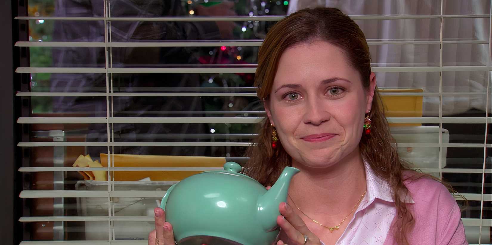 Pam with the teapot from Jim in the Office