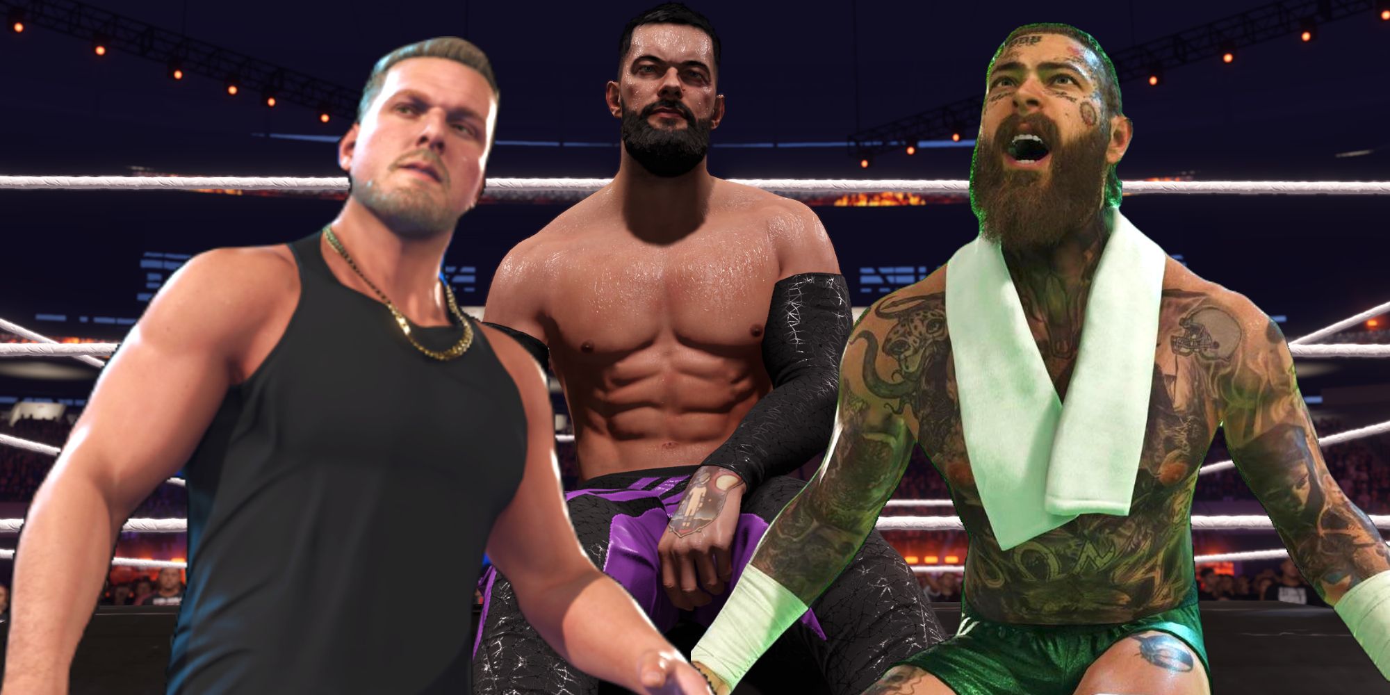 Pat McAfee, CM Punk ir Post Malone ekrano kopijose iš WWE 2K24 DLC.