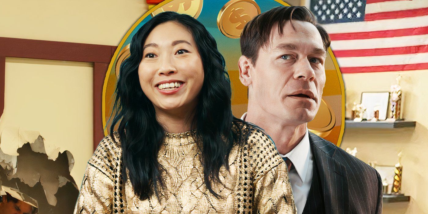 John Cena looking stern and Awkwafina smiling in Jackpot! with a decimated building and american flag in the background