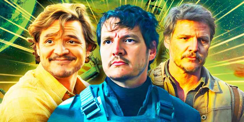 Pedro Pascal as Din Djarin in the center, with Pascal as Javi Gutierrez (The Unbearable Weight of Massive Talent) and Joel Miller (The Last of Us) on either side