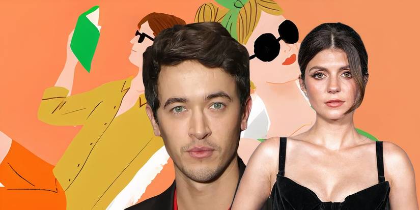 A composite image of Tom Blyth and Emily Bader posing in front of the cover illustration from People We Meet on Vacation