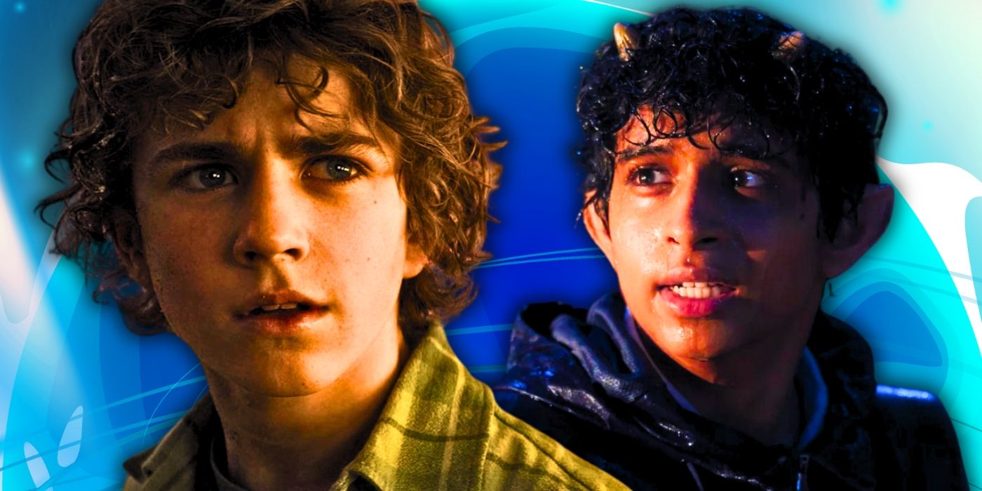 Percy Jackson (Walker Scobell) and Grover (Aryan Simhadri) staring intensely in Percy Jackson and the Olympians