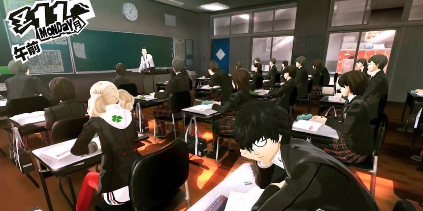 Persona 5 Royal teacher about to throw eraser at Joker protagonist since he's sleeping in class