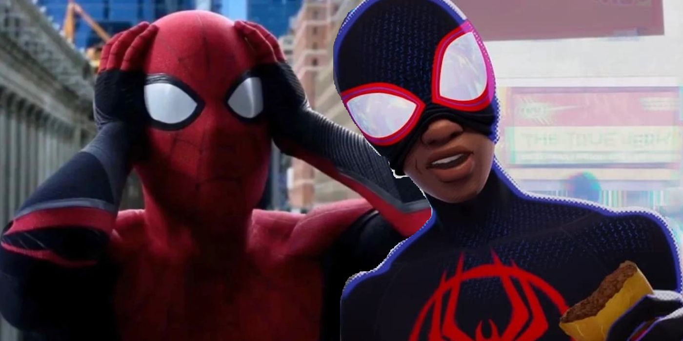 Peter Parker from the MCU clutching his head (left) & Miles Morales from Across the Spider-Verse (right.)