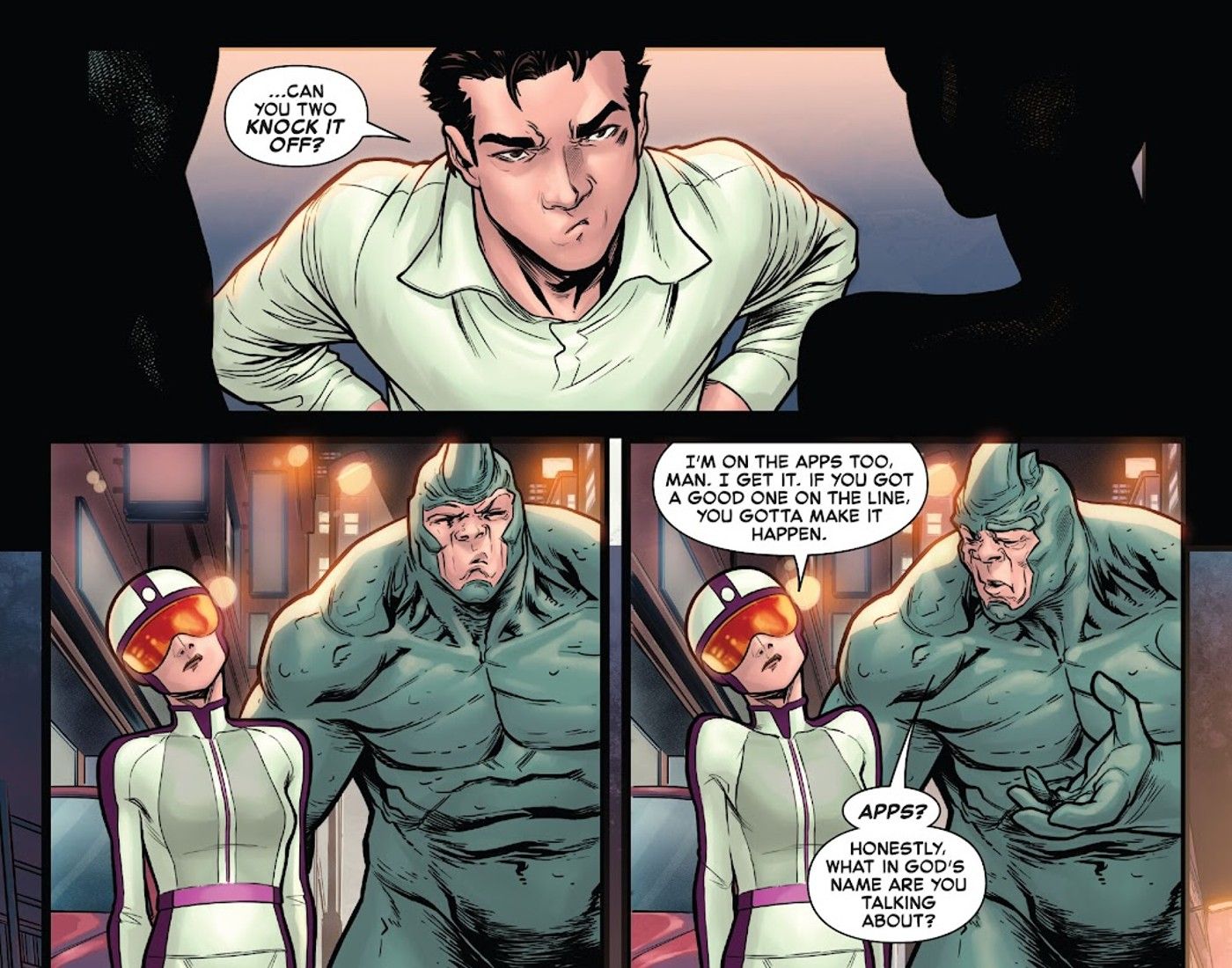 Peter Parker diz a Screwball e Rhino para "pararem com isso" em Amazing Spider-Man #55.