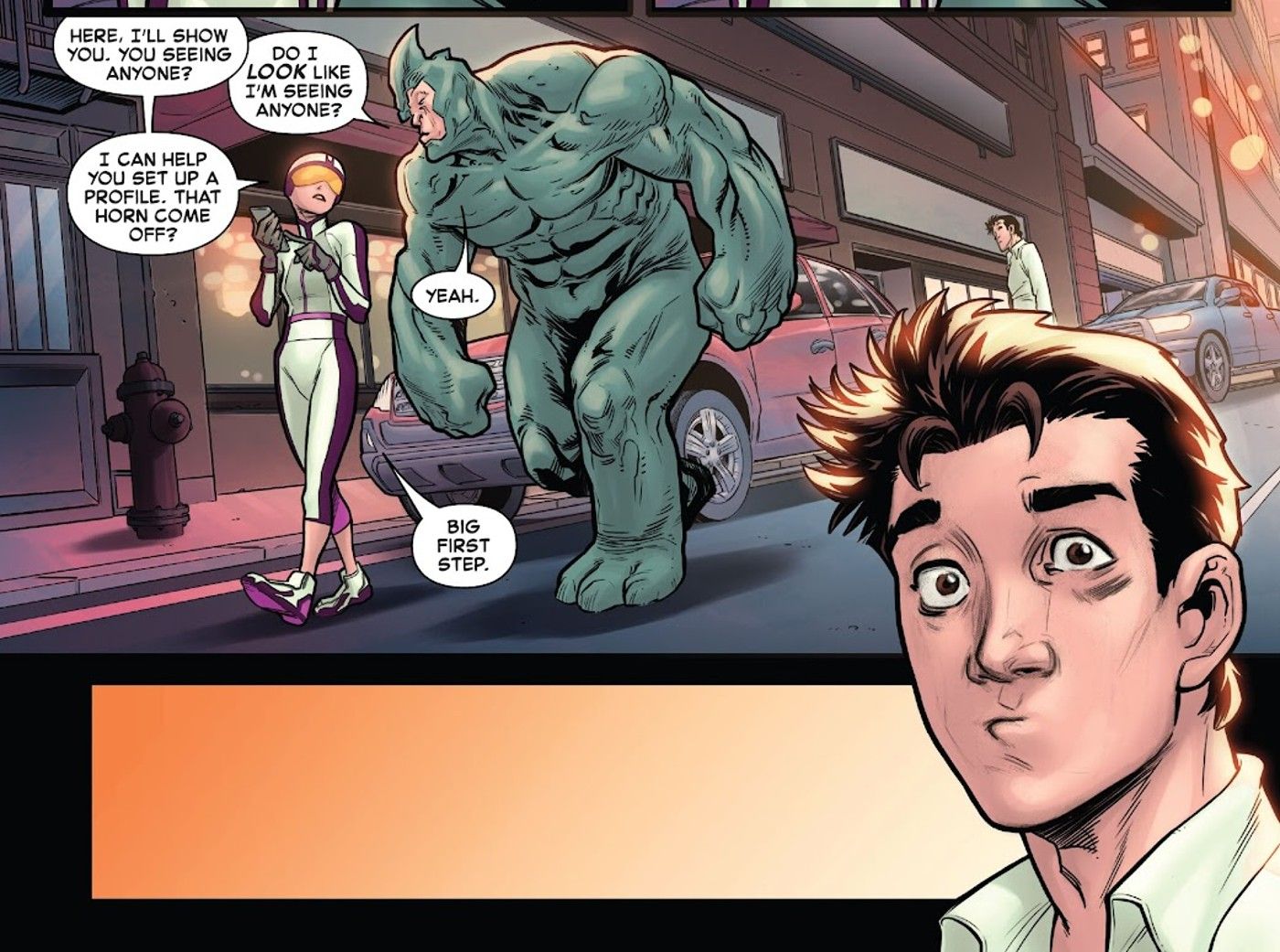 Peter Parker assiste Screwball contar a Rhino sobre Tinder em The Amazing Spider-Man #55