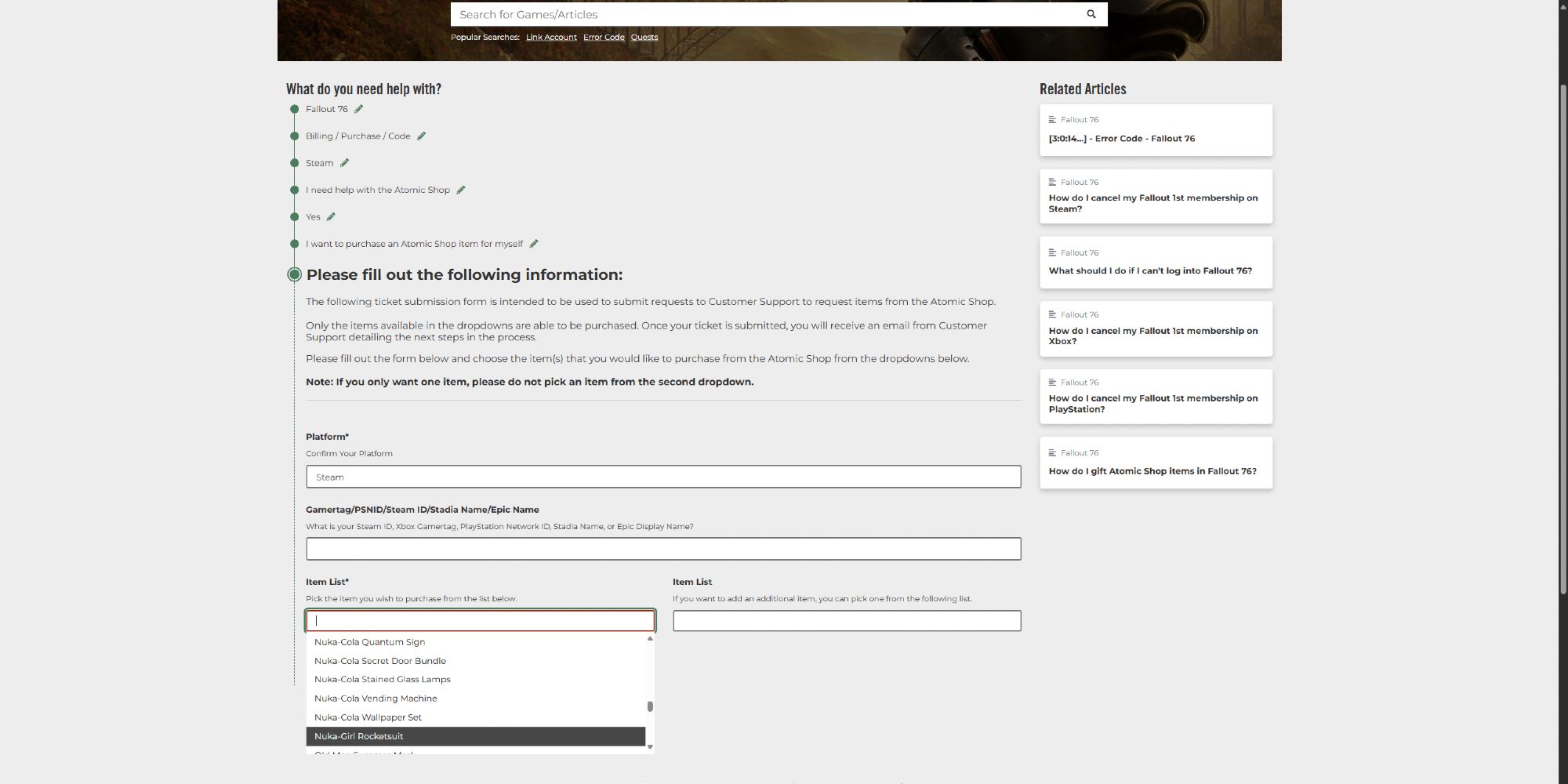 Jogador comprando conteúdo antigo da Fallout 76 Atomic Shop usando o formulário de solicitação de suporte ao cliente no Bethesda.net