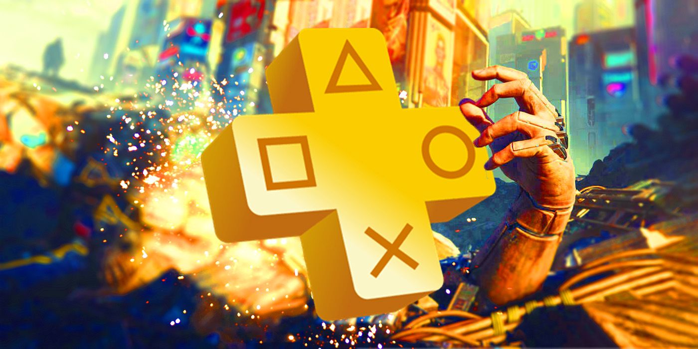 PlayStation Plus logo in front of a Cyberpunk 2077 scene.