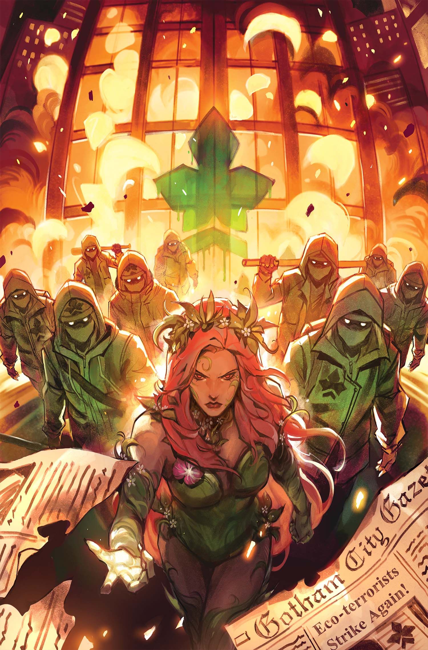 Poison Ivy 27 Solicitação da capa principal: Poison Ivy ataca o espectador, flanqueada por um exército de ecoterroristas, enquanto uma fábrica queima atrás deles.