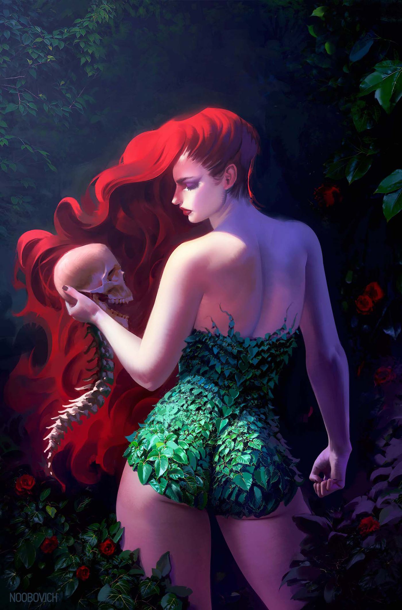 Poison Ivy 27 Noobovich Variant Cover: Poison Ivy segura um crânio humano, ainda preso à coluna vertebral.