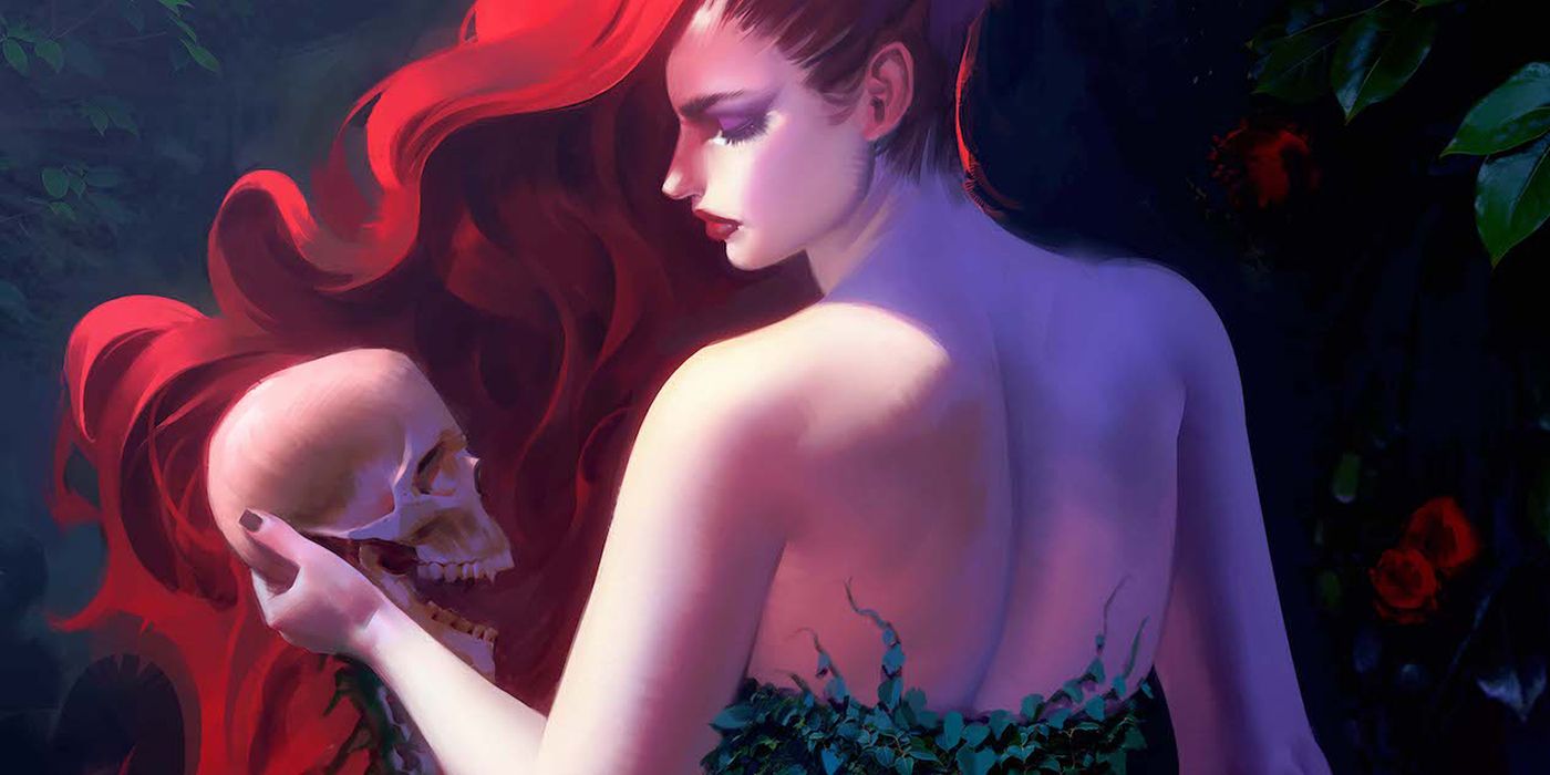 Poison Ivy commits a Mortal Kombat fatality, holding a human skull still attached to a spine. Poison Ivy #27 variant cover by Noobovich.
