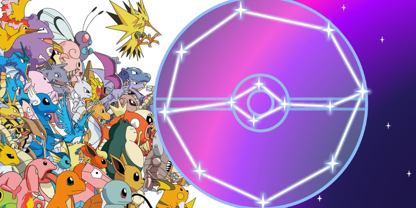 A group of generation 1 Pokémon walking toward a Poke Ball with stars inside of it.