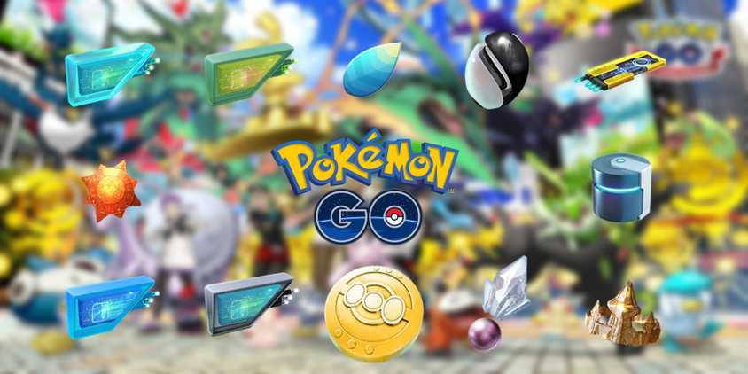 Pokémon GO 12 Evolution Items On Busy Town Square Filled With Trainers And Pokemon Backdrop