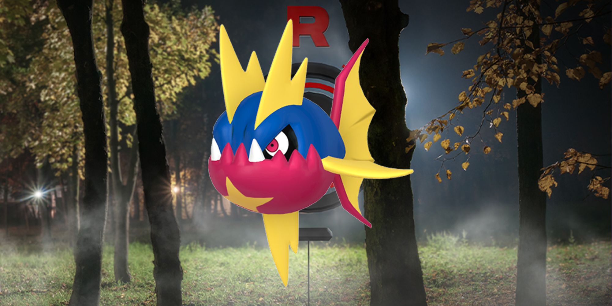 Carvanha em frente ao logo da Equipe Rocket no Pokémon GO