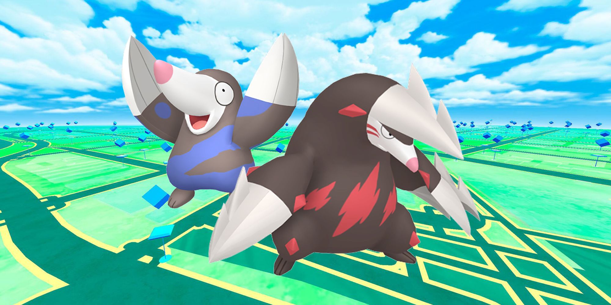 Drilbur ao lado de sua evolução Excadrill em Pokémon GO