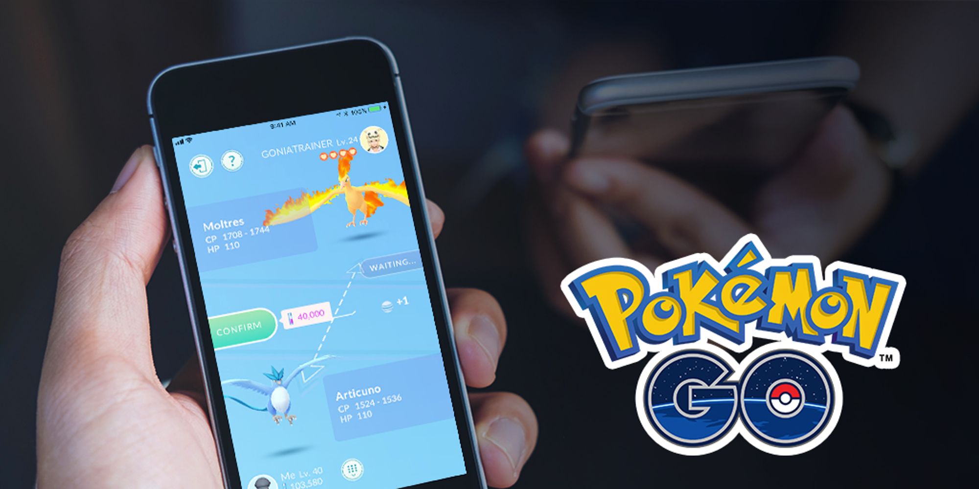 Arte oficial do Pokémon GO apresentando Pokémon de troca de jogadores no smartphone