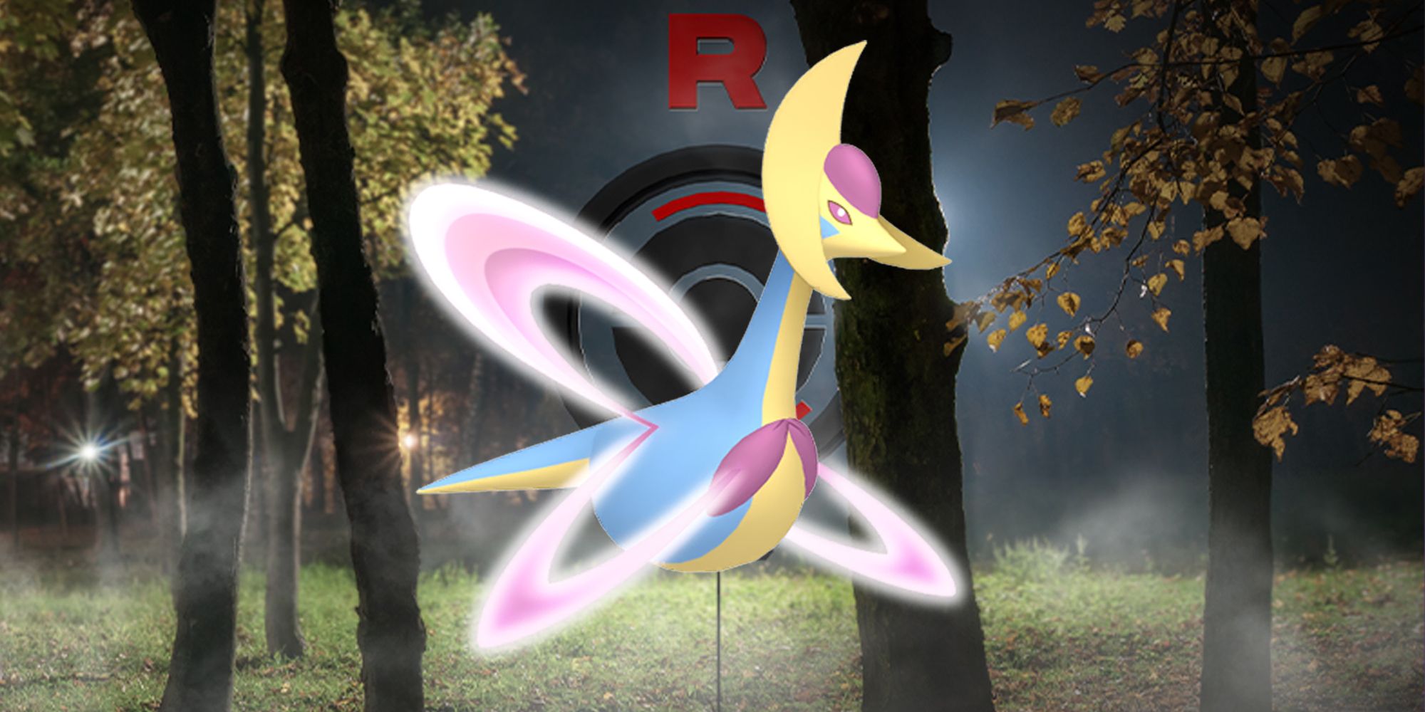 Cresselia em frente ao logotipo da Equipe GO Rocket no Pokémon GO