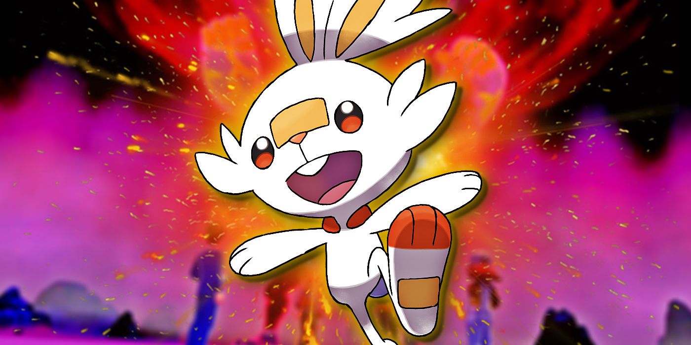 O Scorbunny do Pokémon sorri quando uma explosão acontece atrás dele.